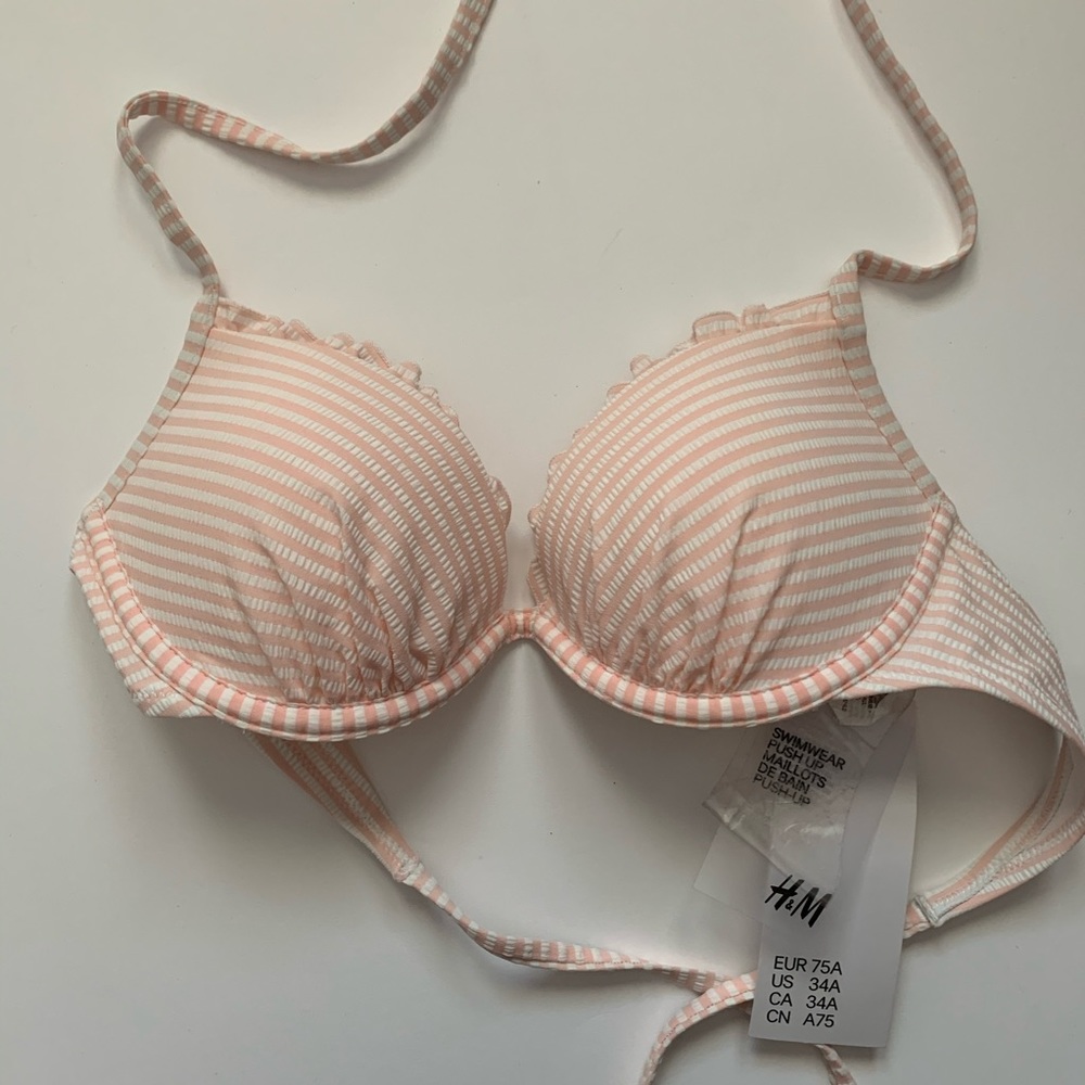 Pink striped ruffled bikini top